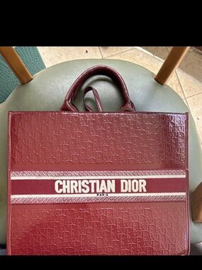 Dior Wine Red Embossed Tote with CHRISTIAN DIOR Stripe